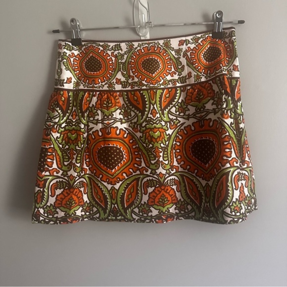Milly of NY Silk Skirt Size 4 Artsy Preppy Office Orange Brown Floral ALine